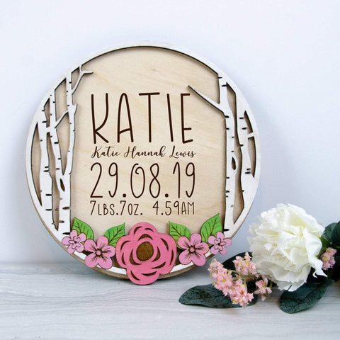 Newborn baby announcement floral plaque - Birch and Tides