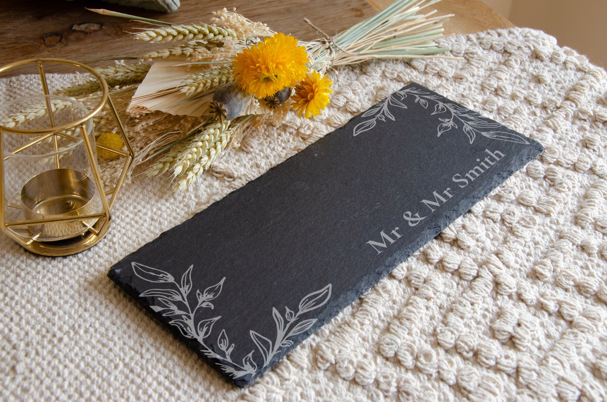 Personalised leaf edge engraved slate serving platter