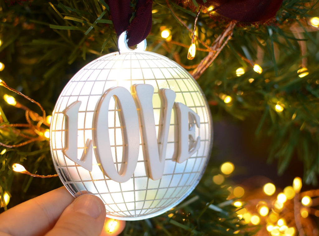 Love sparkly disco ornament, modern sparkly christmas decoration - Birch and Tides