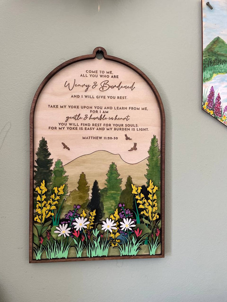 matthew 11: 20-30 christian artwork engraved wooden sign with mountains and wildflowers