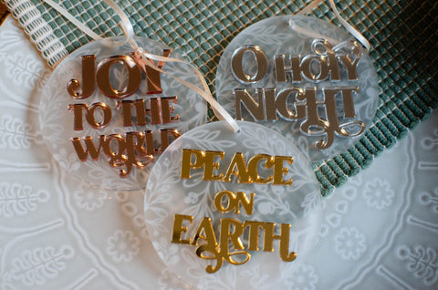 Mirrored Christmas Ornaments set of three. O Holy night, Joy to the world, Peace on Earth - Birch and Tides