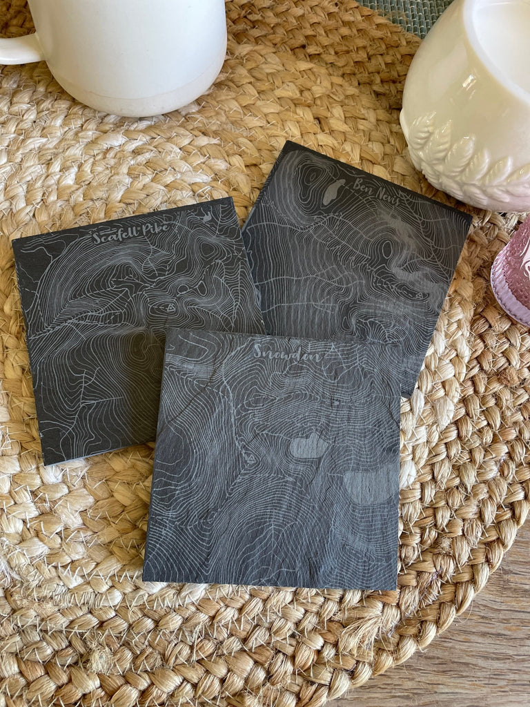 National 3 peaks Slate map set - 3 coasters - Ben Nevis / Snowdon / Scafell Pike - Birch and Tides
