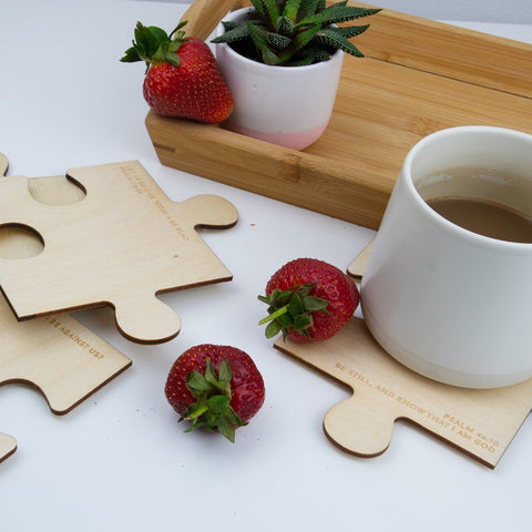 POST READY Set of 4 wooden scripture verse puzzle coaster set - Birch and Tides