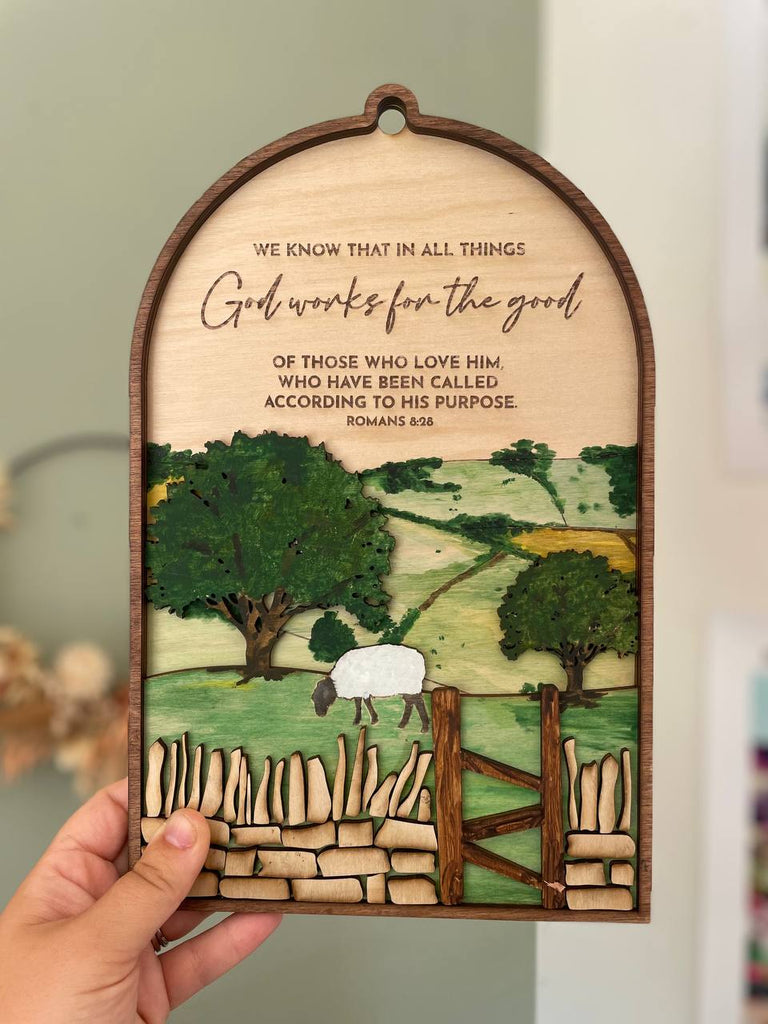 Romans 8:28 God works for the good of those who love him wall sign - Birch and Tides