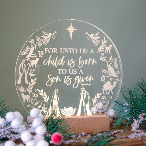 A child is born Isaiah 9:6 Christmas LED light - Birch and Tides, christmas night light, christmas story light design