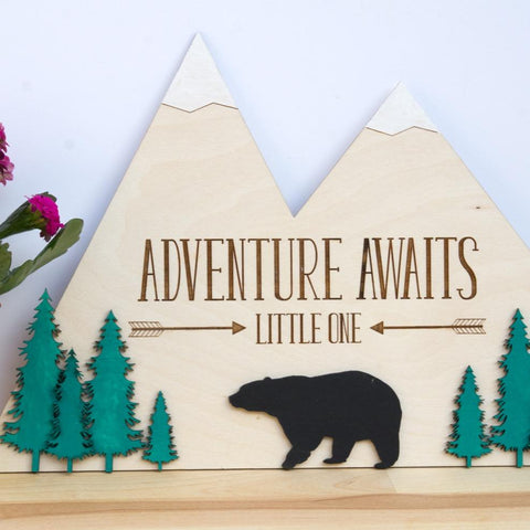 Adventure awaits wooden adventure sign - Birch and Tides