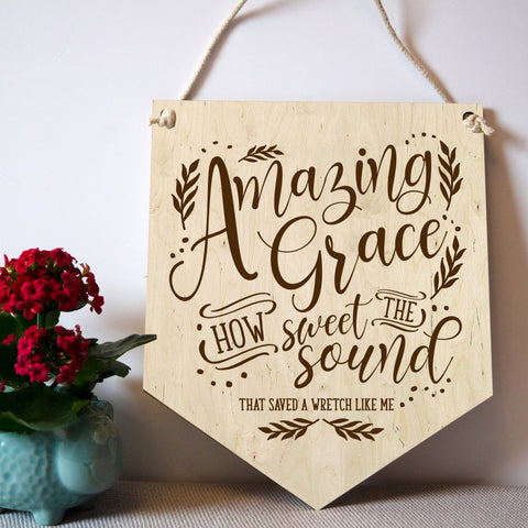 Amazing Grace hymn wooden wall banner - Birch and Tides