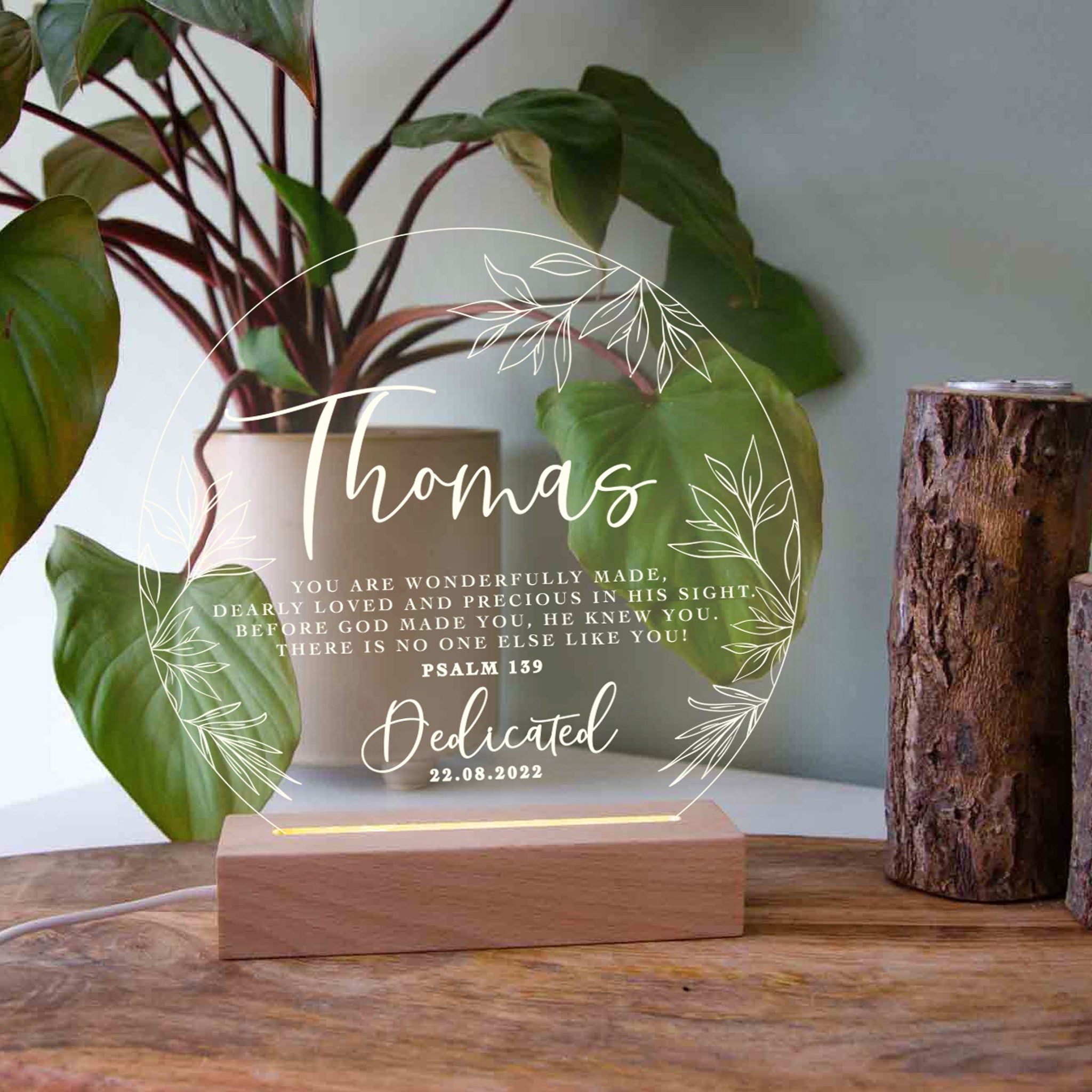 Personalised Dedication leaf light gift