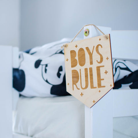 Boys Rule wooden laser engraved banner sign - Birch and Tides