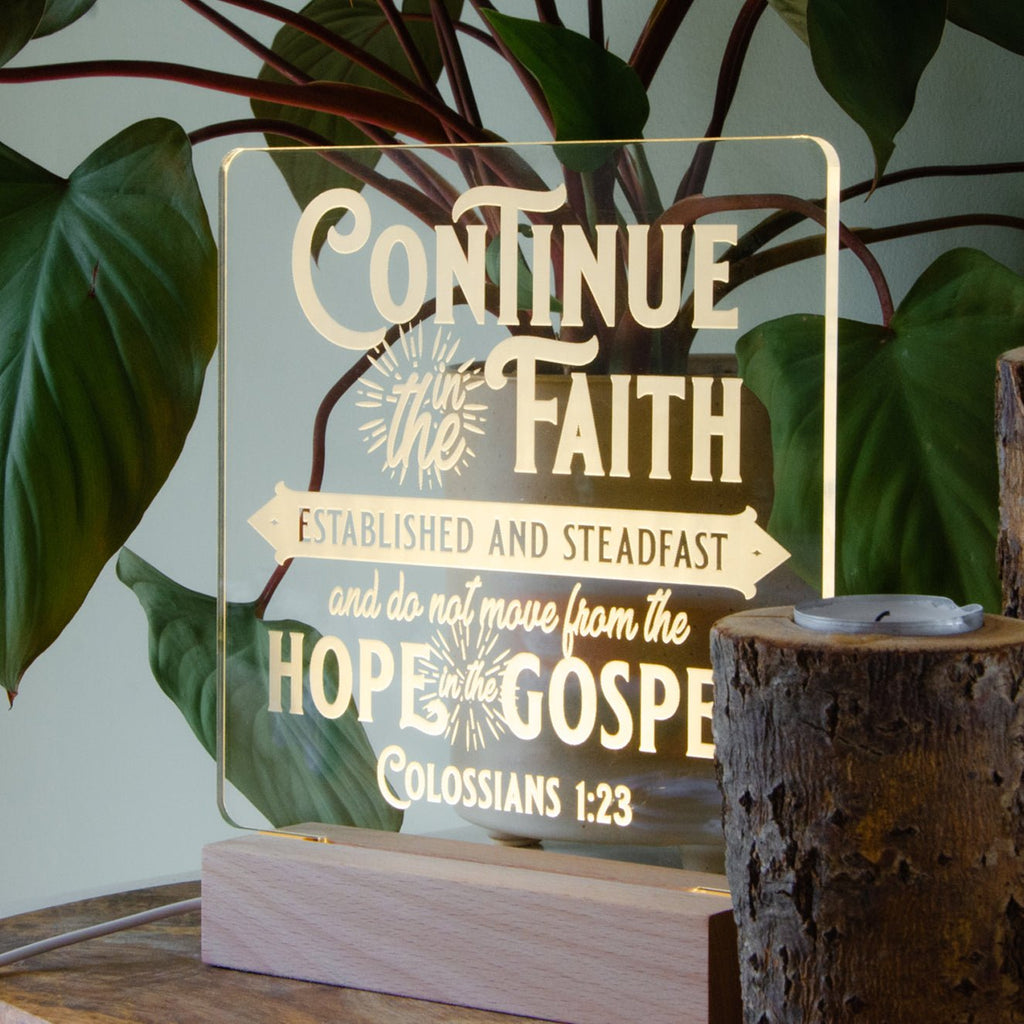 Colossians 1:23 continue in the faith desk light – Birch and Tides