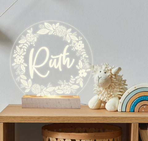 Personalised floral wreath name kids room night light - Birch and Tides