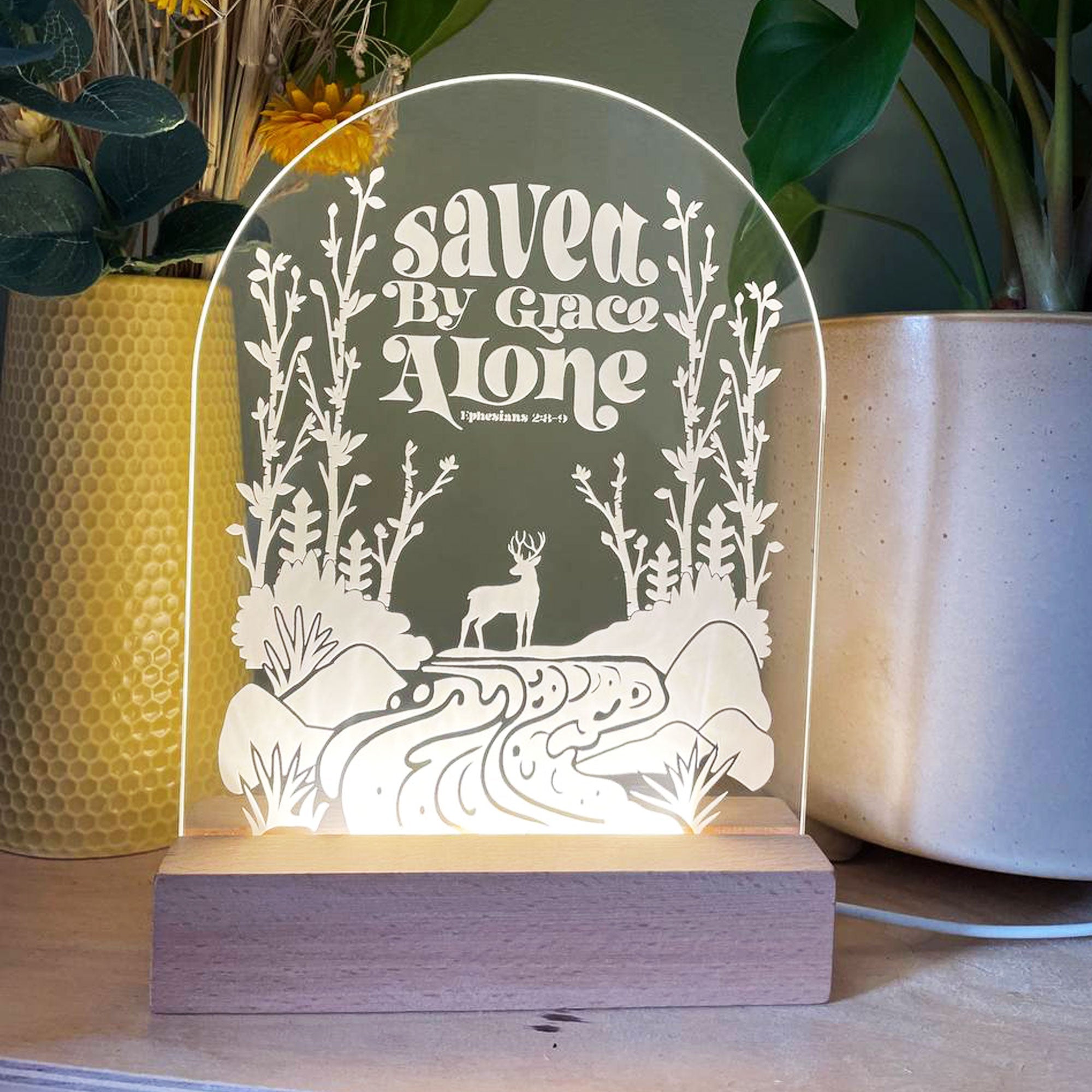 Saved by Grace alone engraved light design