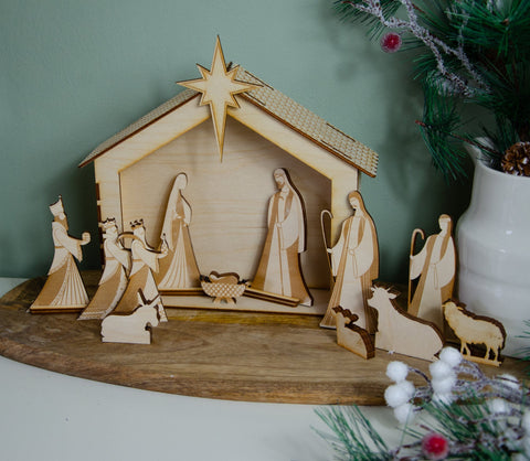 Stable freestanding Wooden Nativity Scene