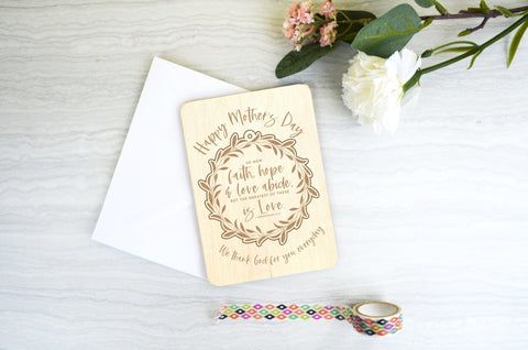 Wooden Mothers day card - Faith hope and love - Birch and Tides